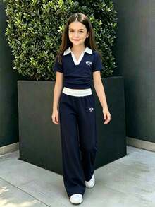 Tween Girls' Letter Print Color Block Ruffle Collar Short Sleeve T-Shirt And Pants Casual Outfit - Royal Blue - View 1