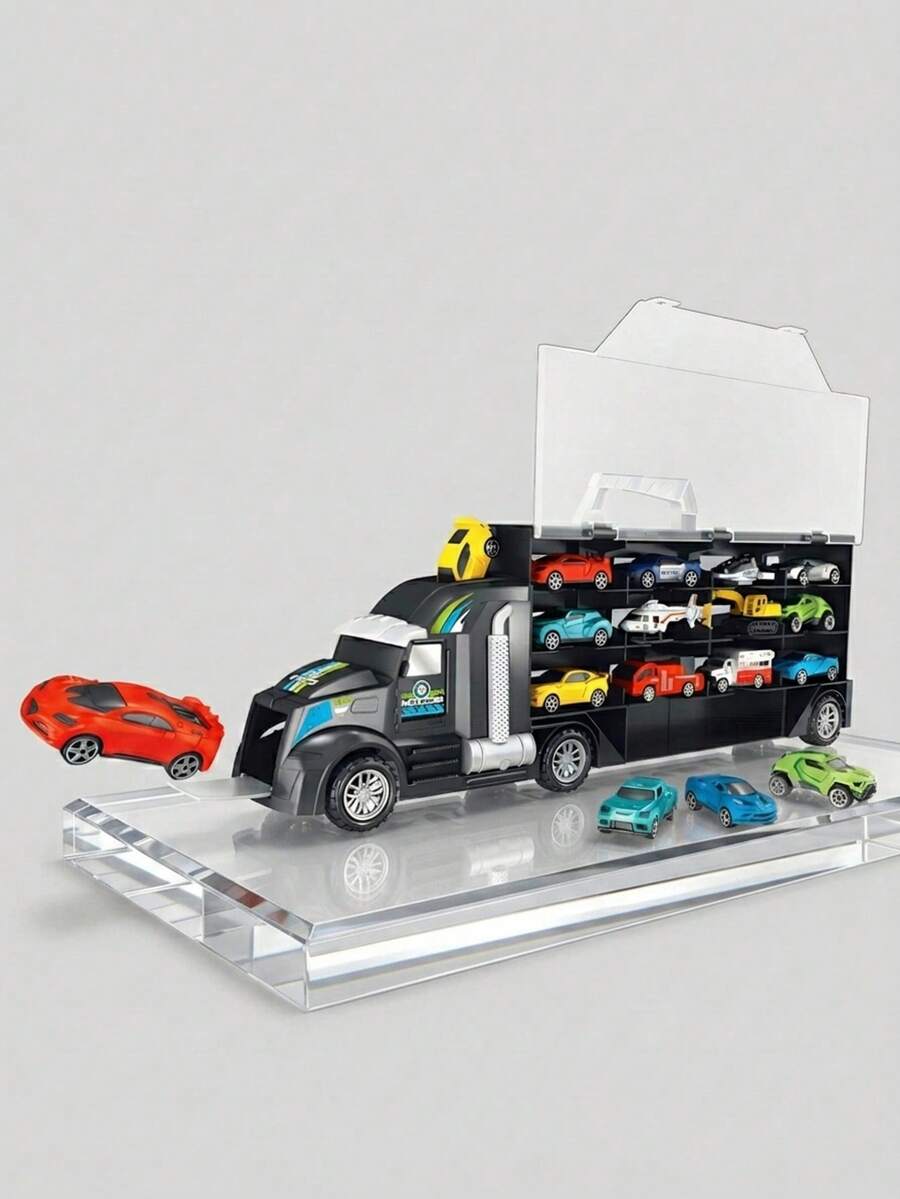 12 Pcs Mini Car Carrier Truck Toy Set - Portable Storage With Handle, Slide-Out Ramp, Large Truck With Vehicle Launcher, Gift For Children 3+ Years Old - Multicolor - View 1