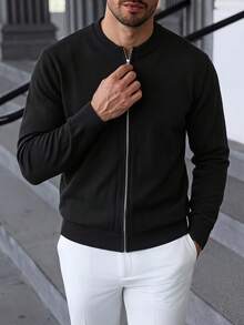男士成熟風圓領針織開襟衫，黑色全拉鍊羅紋袖口，百搭休閒長袖毛衣 - 黑色 - 查看 3