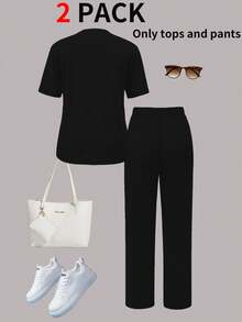 Women's New Round Neck Short Sleeve T-Shirt And Elastic Waist Loose Pants 2-Piece Set, Casual Daily Wear, Spring/Summer Elegant - Black 1 - View 8