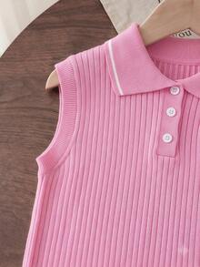 女童開學季學院風純色刺繡 Polo 領針織薄款開襟背心，適合休閒日常穿著，春夏秋三季 - 粉色 - 查看 6