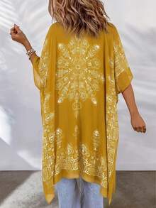 Damen Große Größen Boho-Stil Sonnenschutz Cover-Up, fließender atmungsaktiver Urlaubsschal Strand Sommer - Rötlich-braun - Übersicht 2