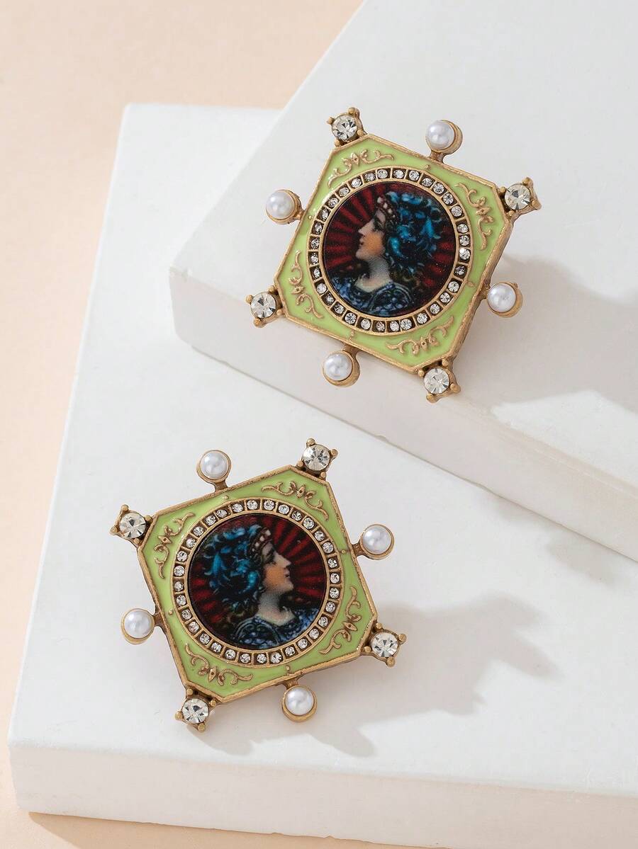 1 Pair Vintage Court Oil Painting Portrait Stud Earrings, Yellow-Green ...