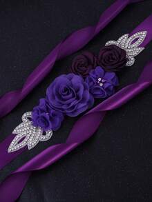 1pc Romantic Fabric Flower Handmade Rhinestone Bride Belt Wedding Dress Decoration Maternity Photography Accessory - Purple - View 2