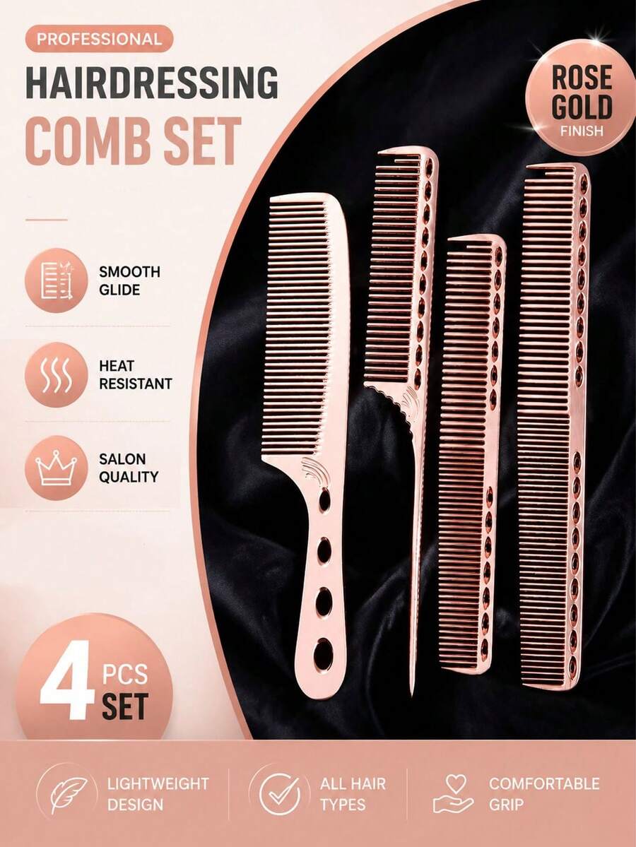 WANMEI 4pcs Hair Comb Set, Professional Salon Hairdressing Comb Set, Heat Resistant Styling Comb, Anti-Static Hairdressing Comb, Rose Gold Finish Hair Comb Set, Suitable For All Hair Types Smooth Hair Comb - Multicolor - View 1