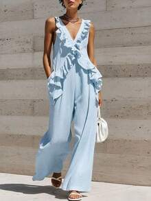Two-Piece Set With A V-Neck Ruffled Tank Top And Solid-Color Pants. Cool, Comfortable, And Designed To Flatter Your Figure. Perfect For Vacations, Dates, Or... - Sky Blue - View 8