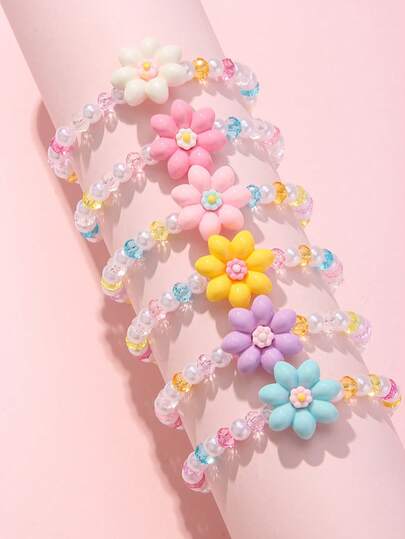 6Pcs Kids Flower Beaded Bracelets Set, Colorful Faux Pearl Children Jewelry, Ideal Birthday Gifts, Party Favor Supplies For Little Girls Wrist