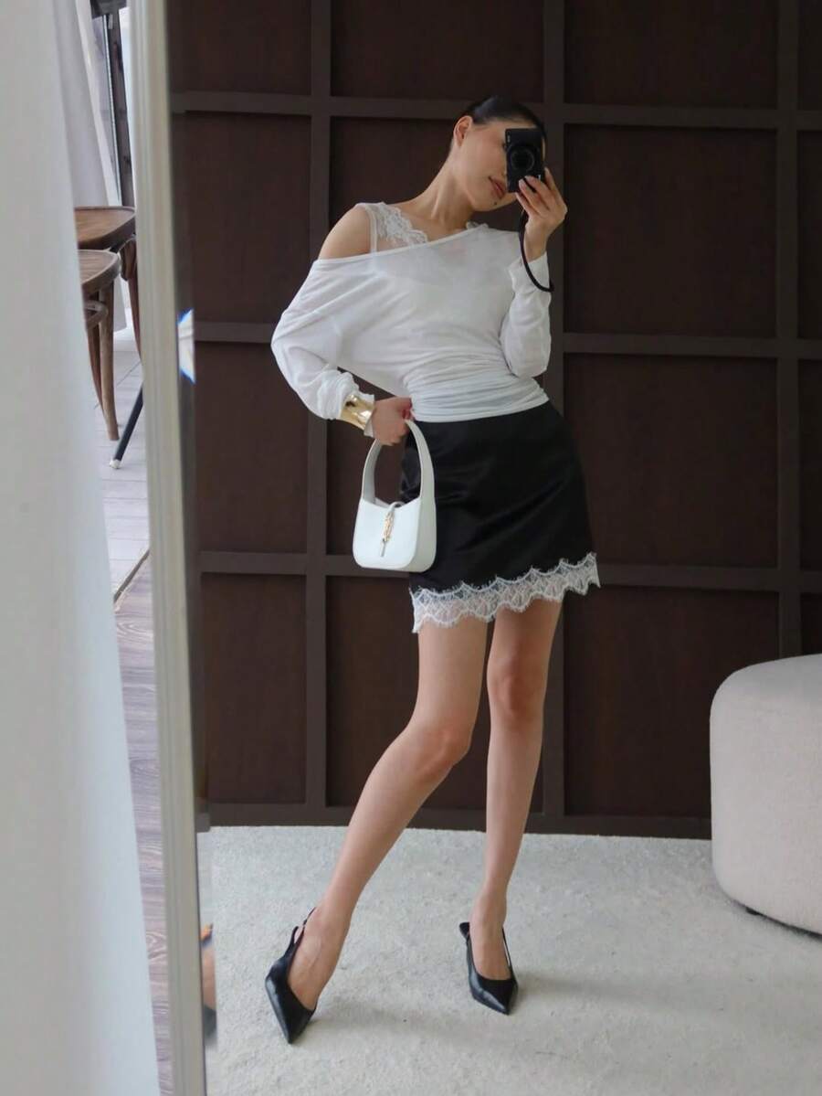 女款時尚蕾絲設計百搭黑色夏季裙 - 黑色 - 查看 1