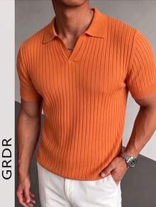 GRDR Men's Summer Airplane Collar Ribbed Solid Color Short Sleeve Knit Sweater, Suitable For Summer Outings, Essential For Fashionable Styling - Orange - View 5