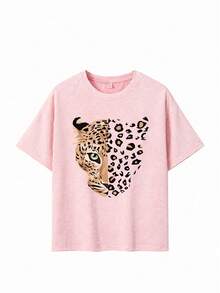 1pc Tween Girl Casual Top, Vintage Distressed Washed Texture Leopard Half Face & Leopard Print Patchwork Crew Neck Top, American Street Style Cool Animal Graphic Design, Versatile Everyday Streetwear - Pink - View 2