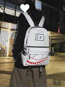 1pc Unisex Street Style New Korean Version Creative Shark Design Fashion Campus Backpack For High School And College Students, Casual School Bag (Random Webbing Print And Letter, Random Left/Right Pull Tab Direction) - Multicolor - View 12