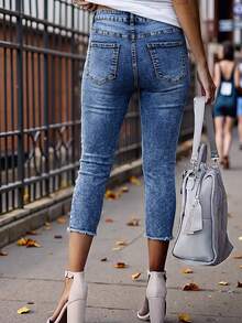Casual, Minimalist, Versatile All-Match Skinny Denim Jeans, Suitable For Daily Commute, Summer Spring - Dark Wash - View 5