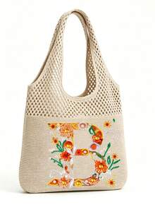 LFIRSTL Women's Crochet Tote Bag | 26 Personalized Initial Options, Bohemian Floral Mesh Beach Bag, Large Capacity Knitted Shoulder Handbag, Suitable For Summer Vacation, Travel And Daily Commute - Khaki - View 31