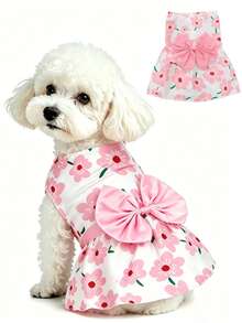 1pc Pink Cherry Blossom Print Dog Dress, Large Bow Decor Sleeveless Pet Dress, Soft Breathable Puppy Princess Outfit, Summer Cute Small And Medium Dog Clothes, Suitable For Bichon Poodle Daily Wear - Pink - View 7