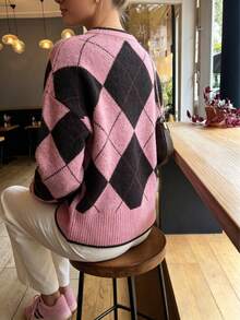 Sweater Pullover Rajut Argyle Colorblock Wanita, Bahu Jatuh, Lengan Panjang, Potongan Longgar, Lembut & Nyaman, Serbaguna - Berwarna merah muda - View 5