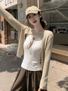 2026 Spring/Summer New Style: Khaki Rear Split Hollow-Out Knitted Cardigan, Slouchy Loose Short Blouse, Textured Elegant Casual Style, Perfect For Vacation, Music Festivals, And Dating Outfits - Khaki - View 7