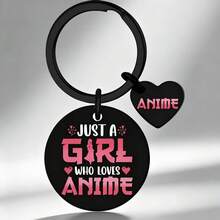 Llavero Exclusivo de Chica de Anime JUST A GIRL WHO LOVES ANIME Etiqueta de Acero Inoxidable Negro + Colgante de Corazón Regalo para Amantes del Anime Mercancía de Anime Colgante Adecuado para Estudiantes/Fans del Anime - Llavero de anime - Ver 1