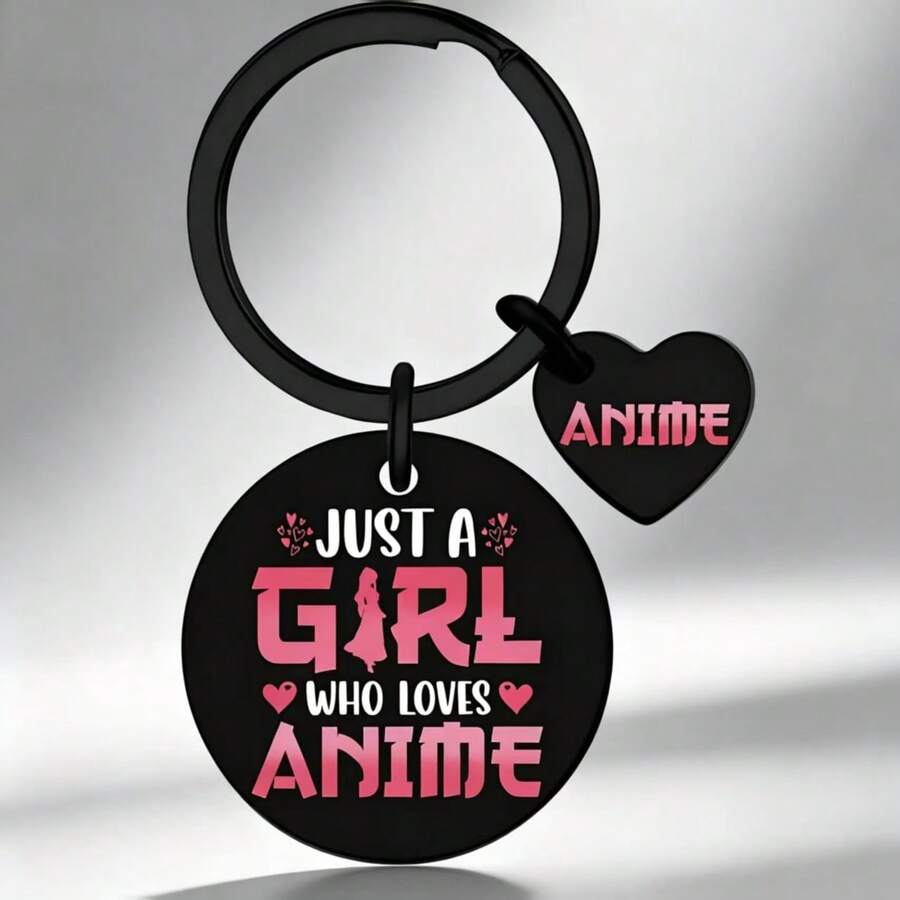 Llavero Exclusivo de Chica de Anime JUST A GIRL WHO LOVES ANIME Etiqueta de Acero Inoxidable Negro + Colgante de Corazón Regalo para Amantes del Anime Mercancía de Anime Colgante Adecuado para Estudiantes/Fans del Anime - Llavero de anime - Ver 1
