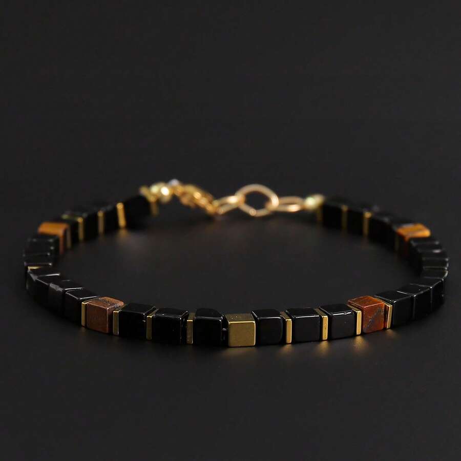 1件天然黑瑪瑙方形珠手鍊 - 金色,適合男女配戴,12月誕生石飾品,極簡風手環,聖誕禮物 - 黑色 - 查看 1