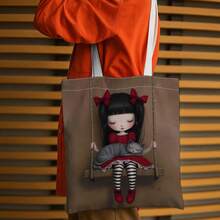 1pc Gothic Cute Doll Tote Bag, Swing Dark Art Reusable Shopping Bag, Multifunctional Personalized Print Handbag, Casual Design, Suitable For Book Lovers, Perfect Gift For Friends, Birthday, New Year, Christmas,Room Decor,Travel Essential - Multicolor - View 6