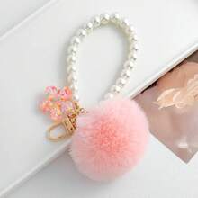 1Pc Pink Fluffy Ball Zinc Alloy Keychain, With Pearl Chain & Flower Charm, Backpack & School Bag Decor For Students - Multicolor - View 4