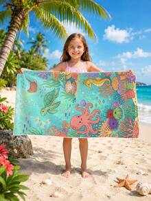 1pc Ocean Creature Octopus, Coral, Sea Turtle Design Kids Beach Towel, Super Absorbent Oversized Beach Blanket, Suitable For Beach, Pool, Travel, Camping, Yoga - Multicolor - View 11
