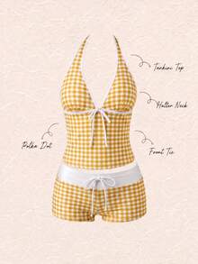 Set Bikini Model Halter Neck Motif Kotak-kotak Kuning & Putih Terbaru untuk Musim Panas, Manis dan Imut, Cocok untuk Liburan Pantai Santai - MultiWarna - View 2