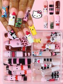 Sanrio Hello Kitty 96pcs(4mixed) Long Square Cute 3d Leopard Print French Press On Nails With Hello Kitty,PomPomPurin,DOMO,Star And Heart Design,Perfect Fit Acrylic False Nails Set,Sanrio Nails For Girls Daily Life, Party And Gathering Use. - Multicolor - View 3