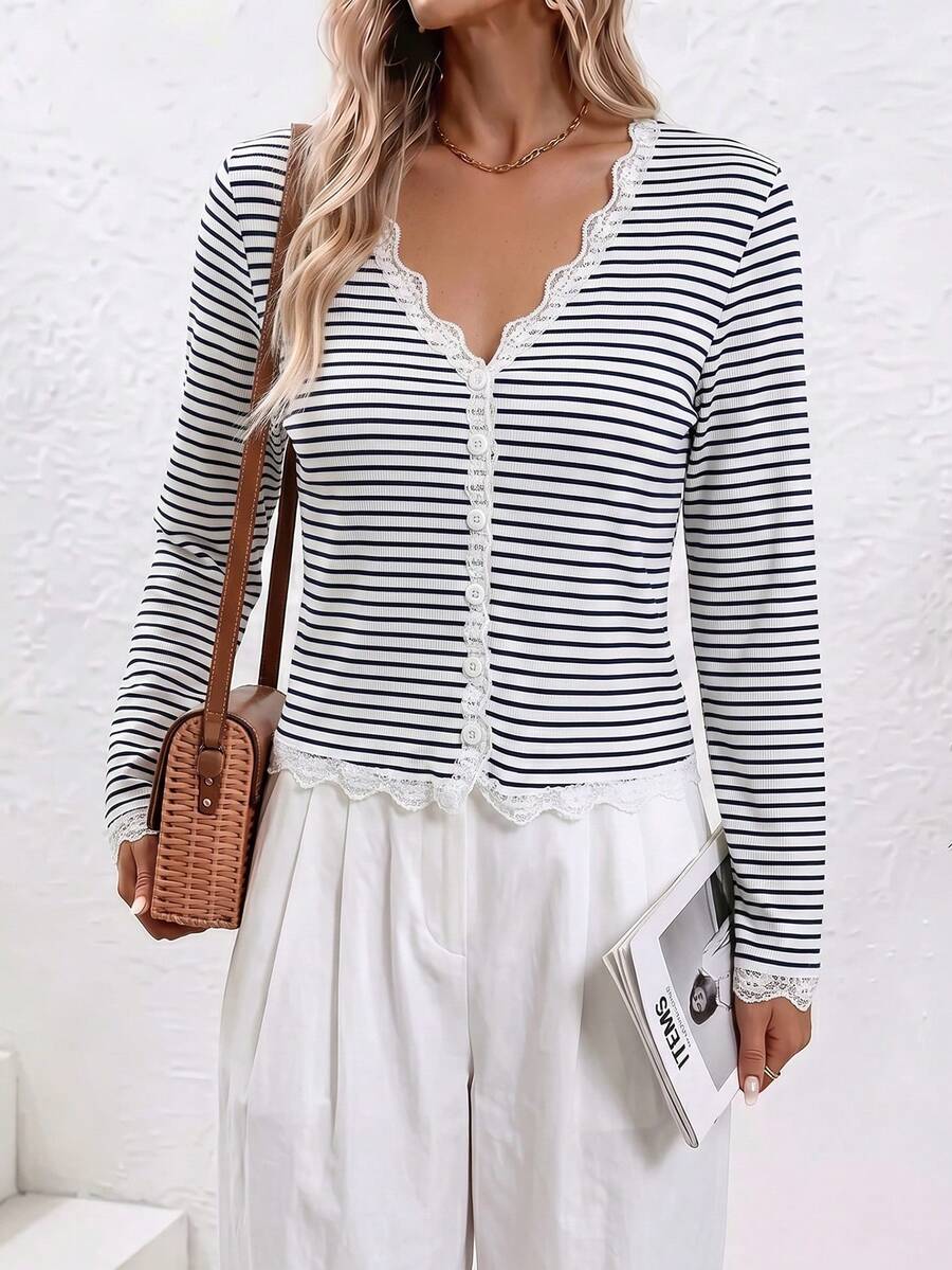 Women's Striped Colorblock Front Button Contrast Lace Cardigan - White - View 1