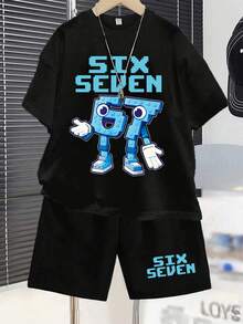 Boys' Letter Print Short Sleeve T-Shirt And Shorts - Black - View 1