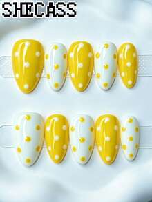 Shecass 10 Peças Unhas Postiças de Amêndoa Feitas à Mão de Alta Qualidade, Unhas com Bolinhas, Unhas Curtas Estilo Y2K, Unhas de Verão, Uso Diário, Formatura, Viagem, Férias, Presentes Adequados para Festas e Festivais de Música, Unhas Amarelas - Multicolorido - Visão 1