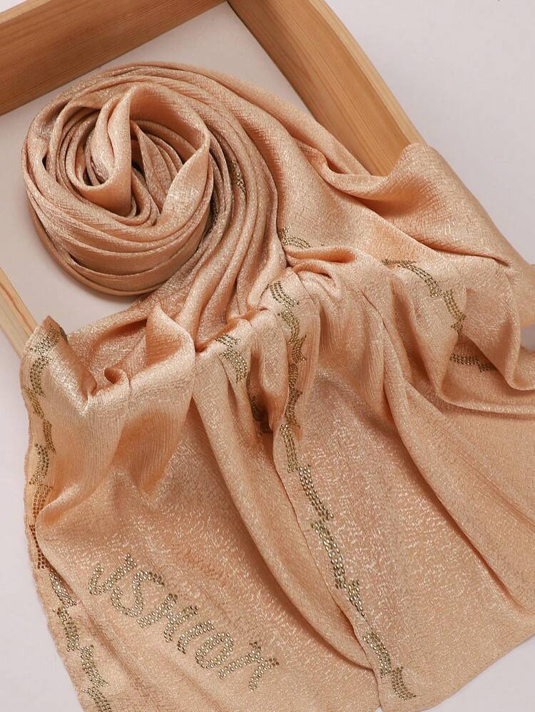 1pc Crinkled Satin Hijab Scarf, Simple Solid Color Fashion Women's Headscarf, Elegant And Versatile, Suitable For Daily Casual Life - MSL523 Satin Rhinestone Beige - View 1