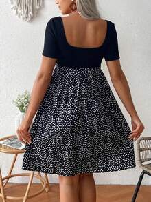 Vestido de maternidad de verano informal con parches y estampado floral diminuto de manga corta - Azul - Ver 3