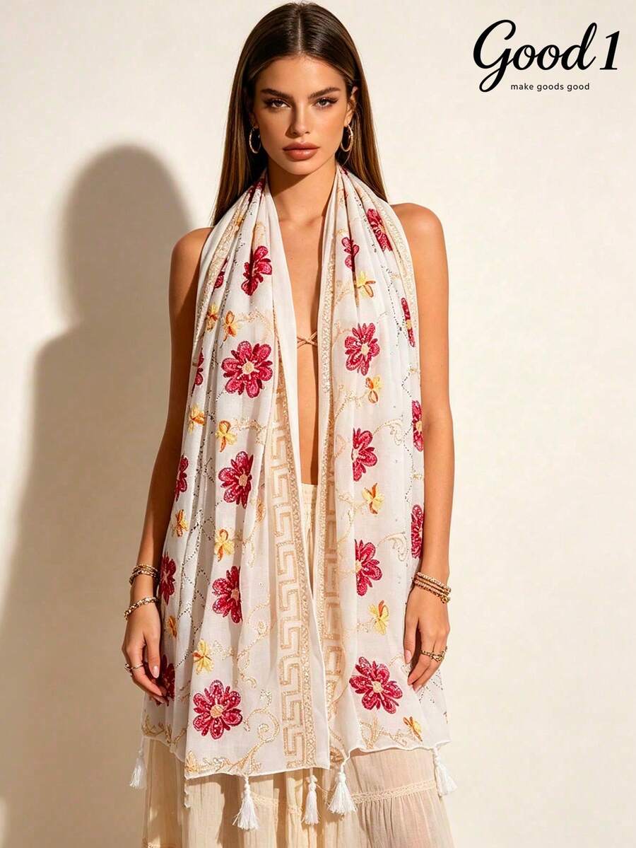 1pc Floral Embroidered & Tie-Dye Scarf, Oversized Shawl, Fashionable & Versatile Solid Color Scarf, Bohemian Style