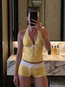 Set Bikini Model Halter Neck Motif Kotak-kotak Kuning & Putih Terbaru untuk Musim Panas, Manis dan Imut, Cocok untuk Liburan Pantai Santai - MultiWarna - View 1