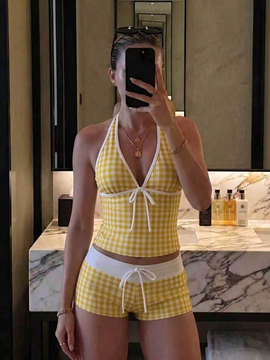 Set Bikini Model Halter Neck Motif Kotak-kotak Kuning & Putih Terbaru untuk Musim Panas, Manis dan Imut, Cocok untuk Liburan Pantai Santai - MultiWarna - View 1