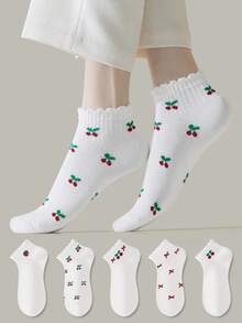 ZUJO 5 Pairs Women's Short Socks, Strawberry Cherry Pattern, Comfortable And Breathable, Suitable For All Seasons - Multicolor - View 3