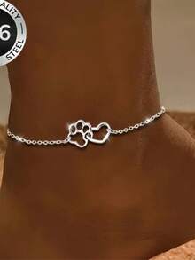 1pc Summer Minimalist Cat & Dog Paw Print Heart Ankle Chain, Hollow Heart Design, Gift For Kids - Silver - View 1
