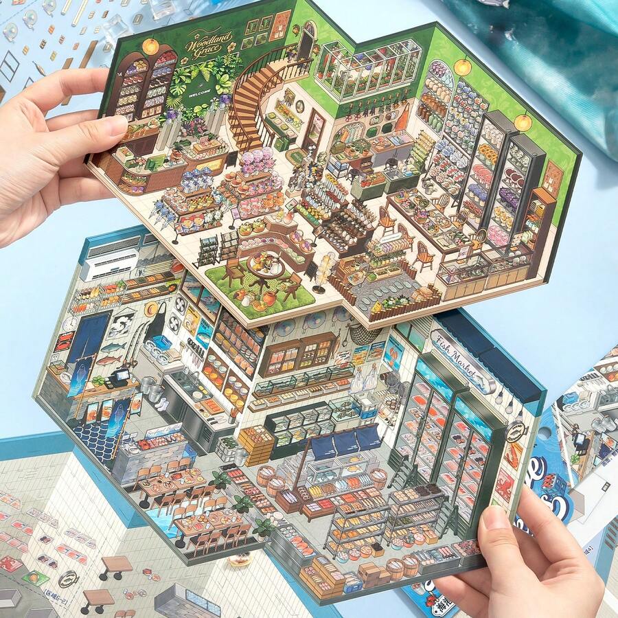 全新 5.0 店鋪管理裝飾場景貼紙：港口海鮮店/綠色花店裝飾貼紙，3D 微縮場景，無需裁剪，DIY 手帳與收納裝飾文具用品