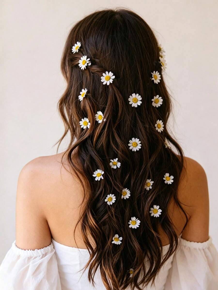 10/2pcs Daisy Flower Invisible Hair Clips,Small White Floral Hair Rings For Braids,Wedding Bridal Hair Accessories,Summer Beach Vacation Decor - White - View 1