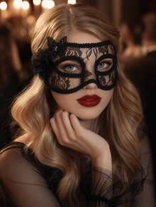 1pc Women's Black & White Party Sexy Vintage Masquerade Performance Mask, Semi-Transparent Floral Pattern Half Face Mask With Tie, Eye Mask, All Season - Multicolor - View 5