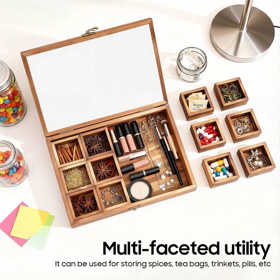 12-Compartment Countertop Wood Spice Box, Clear Acrylic Lid Portable Tea Seasoning Storage Organizer With Spoon For Home Restaurant - Brown - View 1