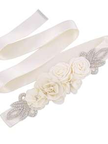 1pc Romantic Fabric Flower Handmade Rhinestone Bride Waist Belt Wedding Dress Decoration Maternity Photoshoot Accessory - Beige - View 3