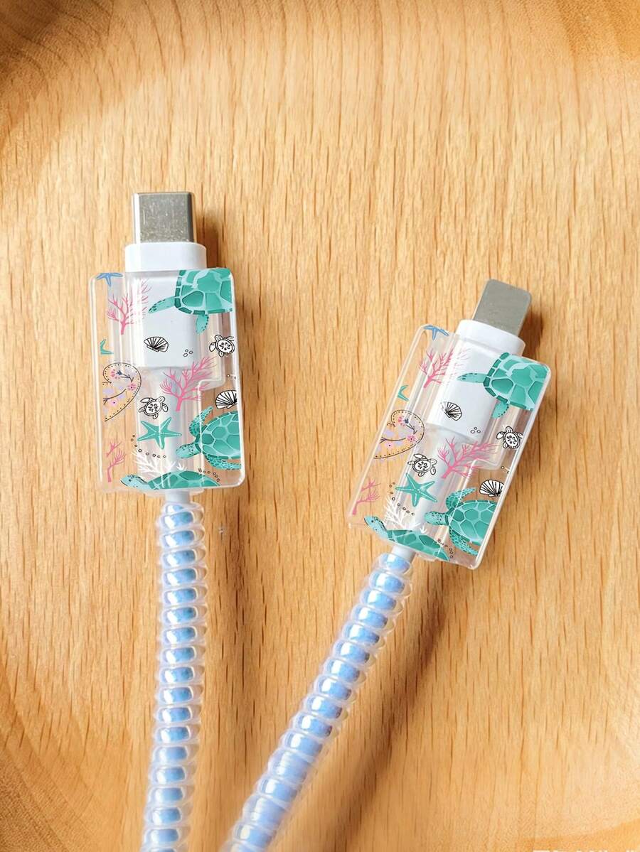 Protezione per cavo a forma di tartaruga, salvasalva-cavo trasparente anti-rottura, protezione per cavo USB con stampa oceanica per cavi di ricarica rapida - Multicolore - Visualizzare 1