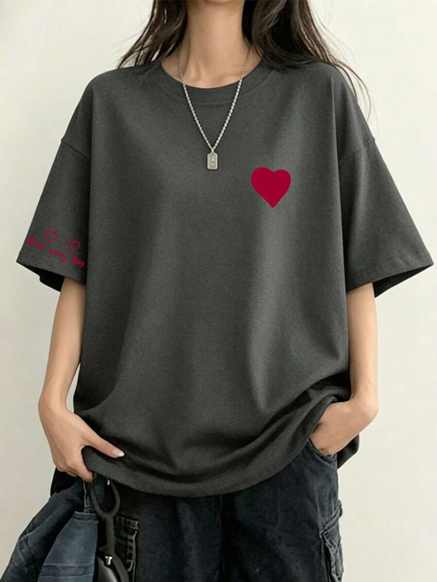 Kaos Wanita Longgar Leher Bulat Lengan Pendek dengan Motif Huruf & Hati, Modis untuk Musim Semi/Panas Kasual - Dark Grey - View 1