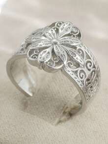 Exquisiter Verlobungsring mit Cut Out Blumendesign, geeignet für Männer und Frauen, Hochzeitsfeier und tägliches Accessoire - Silber - Übersicht 12