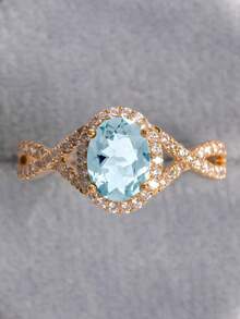 1 pieza Anillo elegante de mujer con circonita cúbica azul marino, adecuado para regalo de Día de San Valentín, Navidad, boda, compromiso, fiesta de aniversario, joyería - Dorado - Ver 4