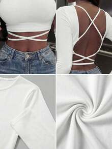 Women's Casual Tie-Front Slim Fit Short T-Shirt, Suitable For Autumn/Winter Daily Wear, Outing, White - White - View 7