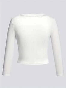 1 pieza Top corto ajustado de manga larga y cuello redondo blanco básico para mujer, camiseta cómoda de estilo minimalista Y2K, adecuada para uso diario casual, ropa de calle y salidas - Blanco - Ver 4