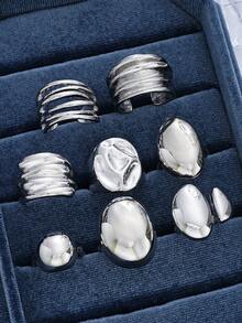 8pcs Fashion Hip Hop Punk Liquid Geometric Metal Open Ring Set, Suitable For Men's Daily Wear And Holiday Accessories - Silver - View 4